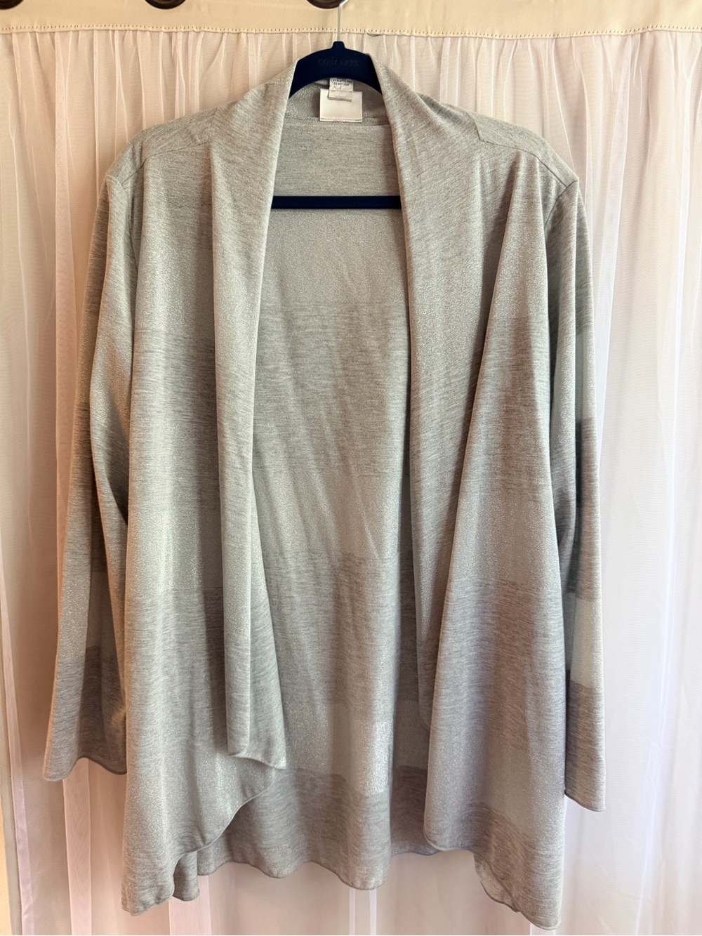 Chico's Light Gray silver Open-Front beautifully Draped Cardigan Sz 3